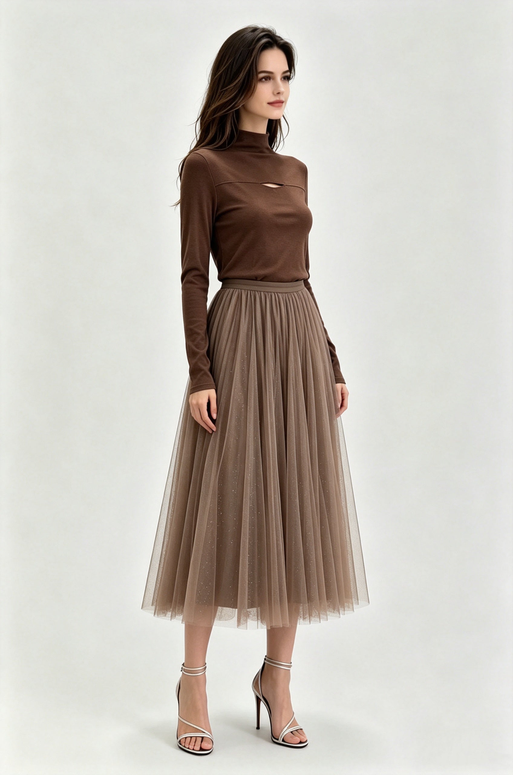 Black Glitter Dot Pleated Tulle Midi Skirt