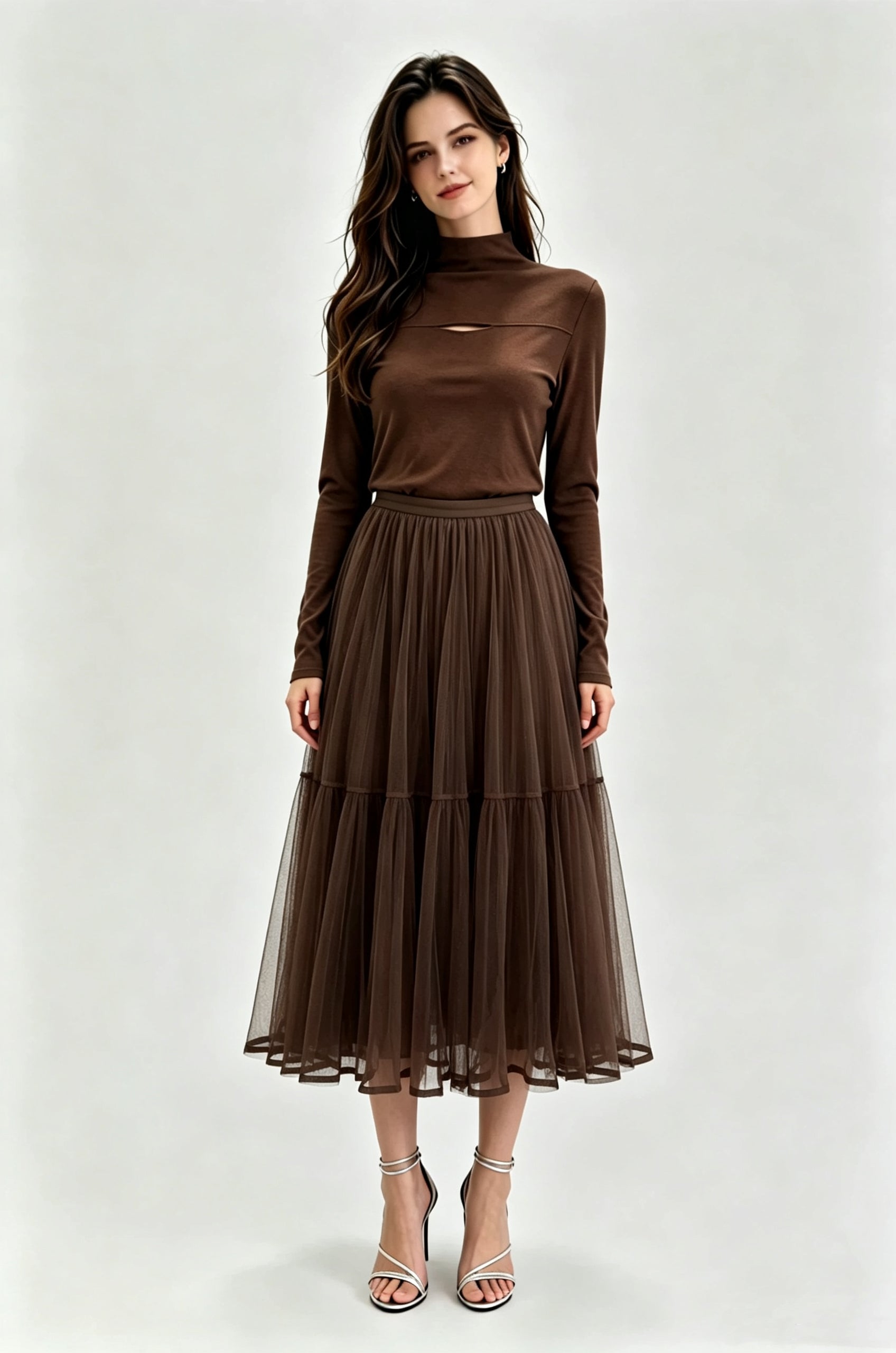 Tiered Mesh Tulle Midi Skirt with Elasticated Waistband