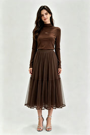 Tiered Mesh Tulle Midi Skirt with Elasticated Waistband