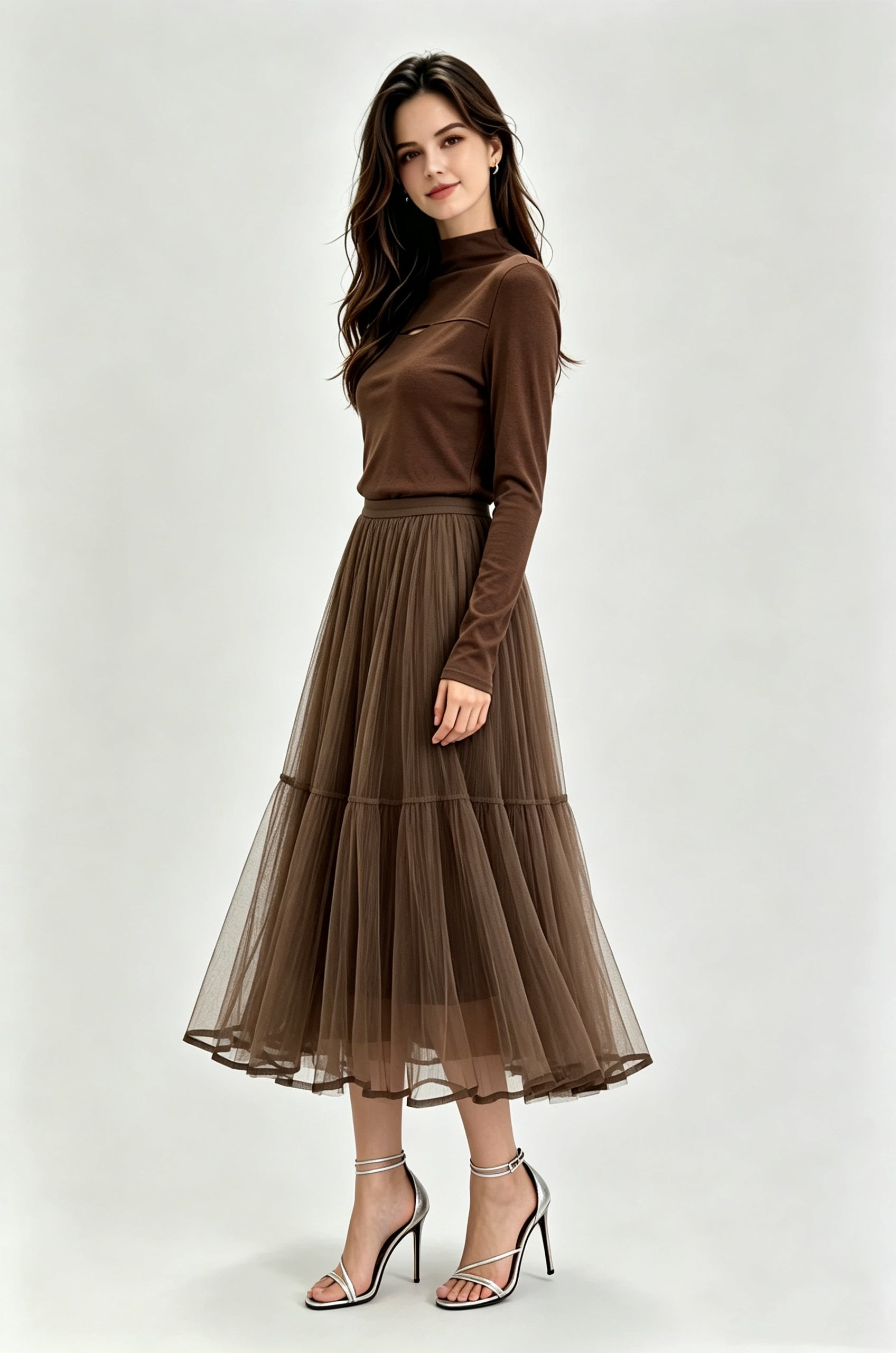 Tiered Mesh Tulle Midi Skirt with Elasticated Waistband