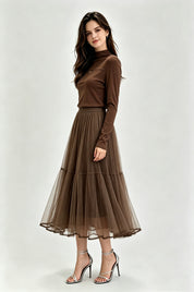 Tiered Mesh Tulle Midi Skirt with Elasticated Waistband