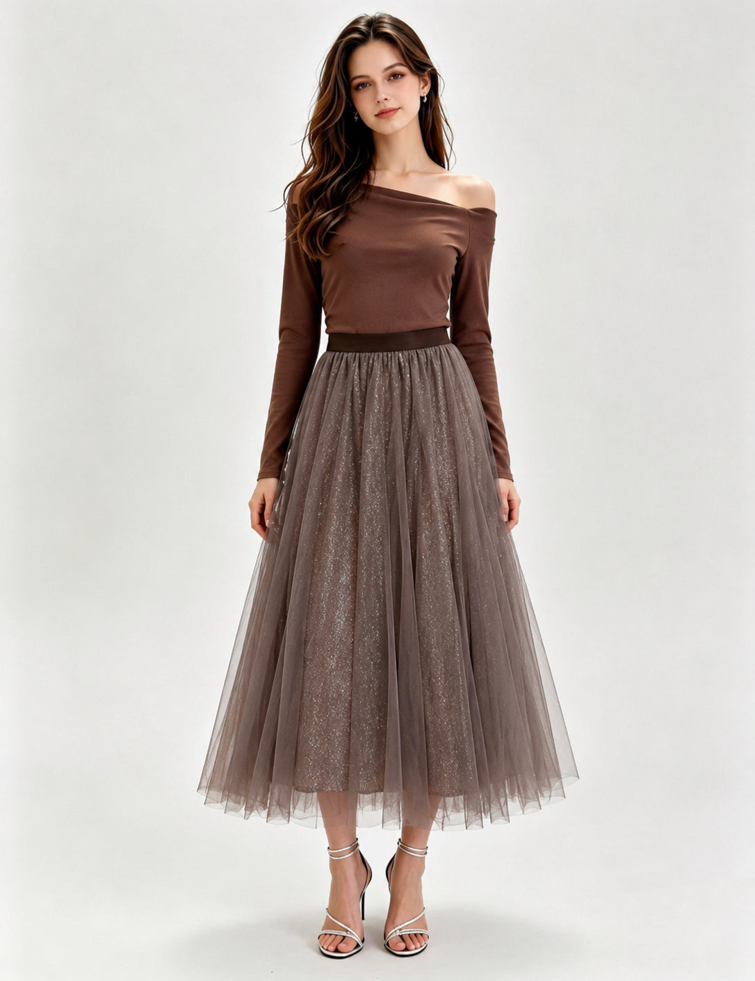 Glitter Mesh Tulle Midi Skirt with Elasticated Waistband