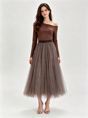 Glitter Mesh Tulle Midi Skirt with Elasticated Waistband