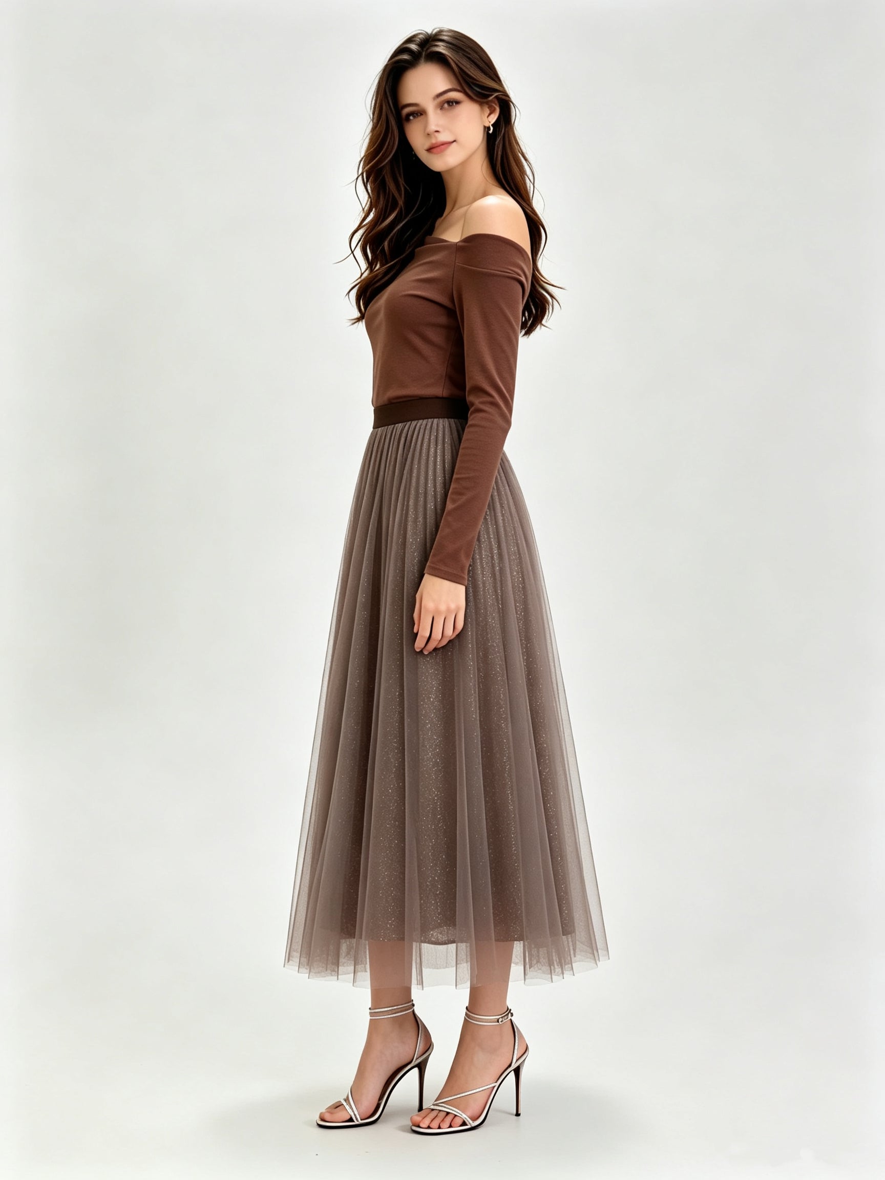 Glitter Mesh Tulle Midi Skirt with Elasticated Waistband