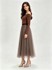 Glitter Mesh Tulle Midi Skirt with Elasticated Waistband