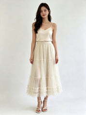 Tiered Ruffle Hem Tulle Maxi Skirt with Elasticated Waistband