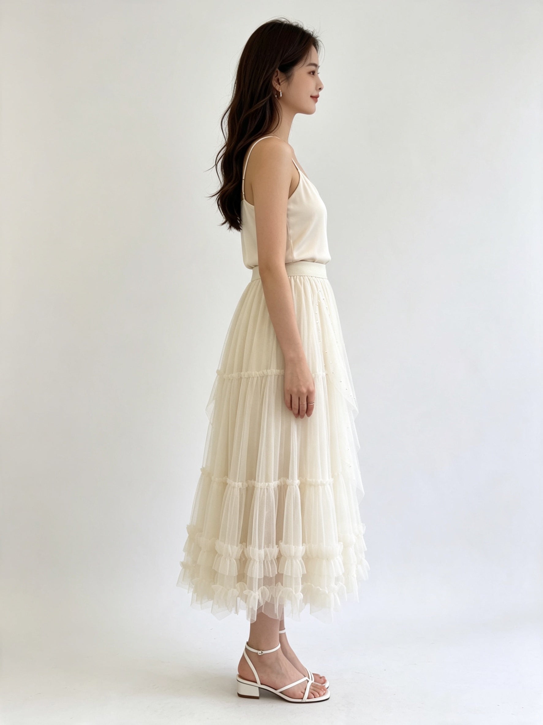 Tiered Ruffle Hem Tulle Maxi Skirt with Elasticated Waistband