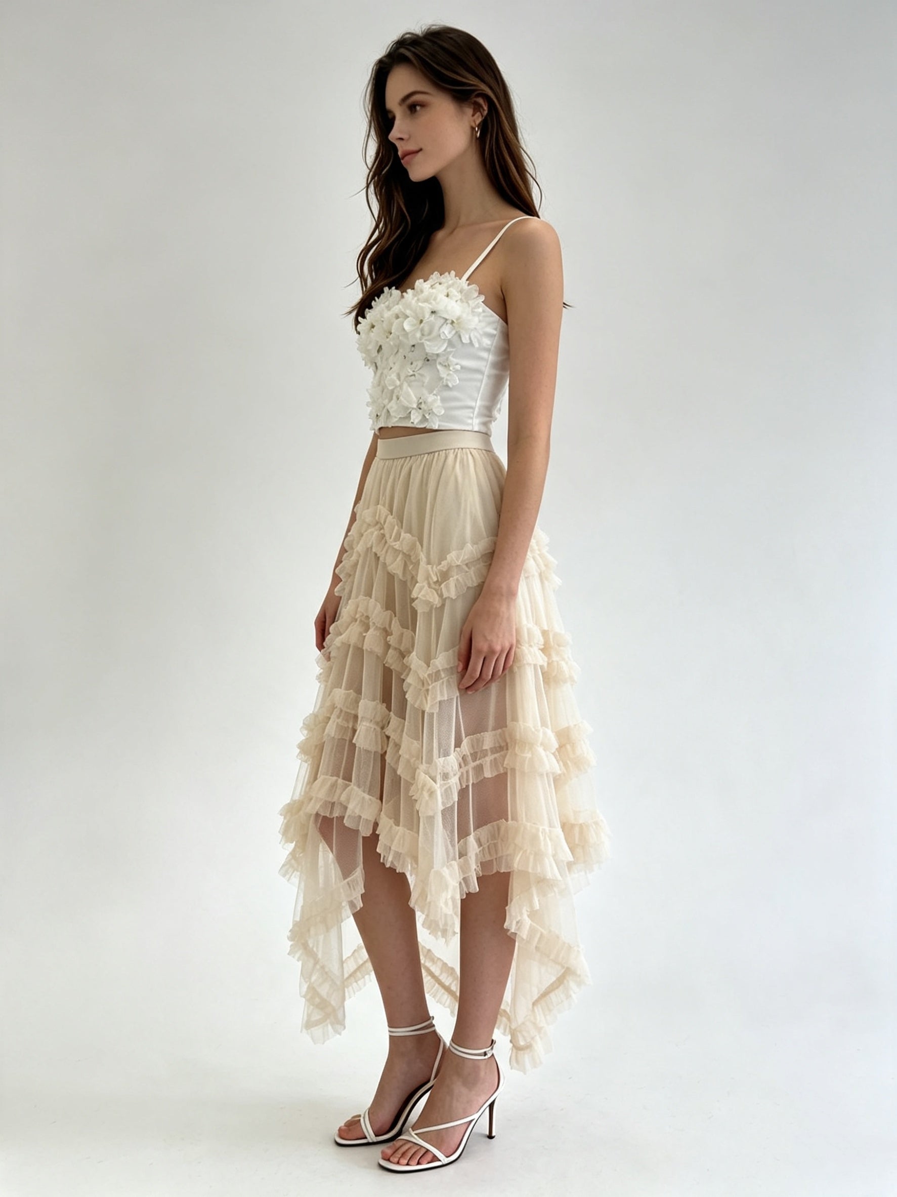 Cascading Ruffle Asymmetric Hem Tulle Midi Skirt with Elasticated Waistband