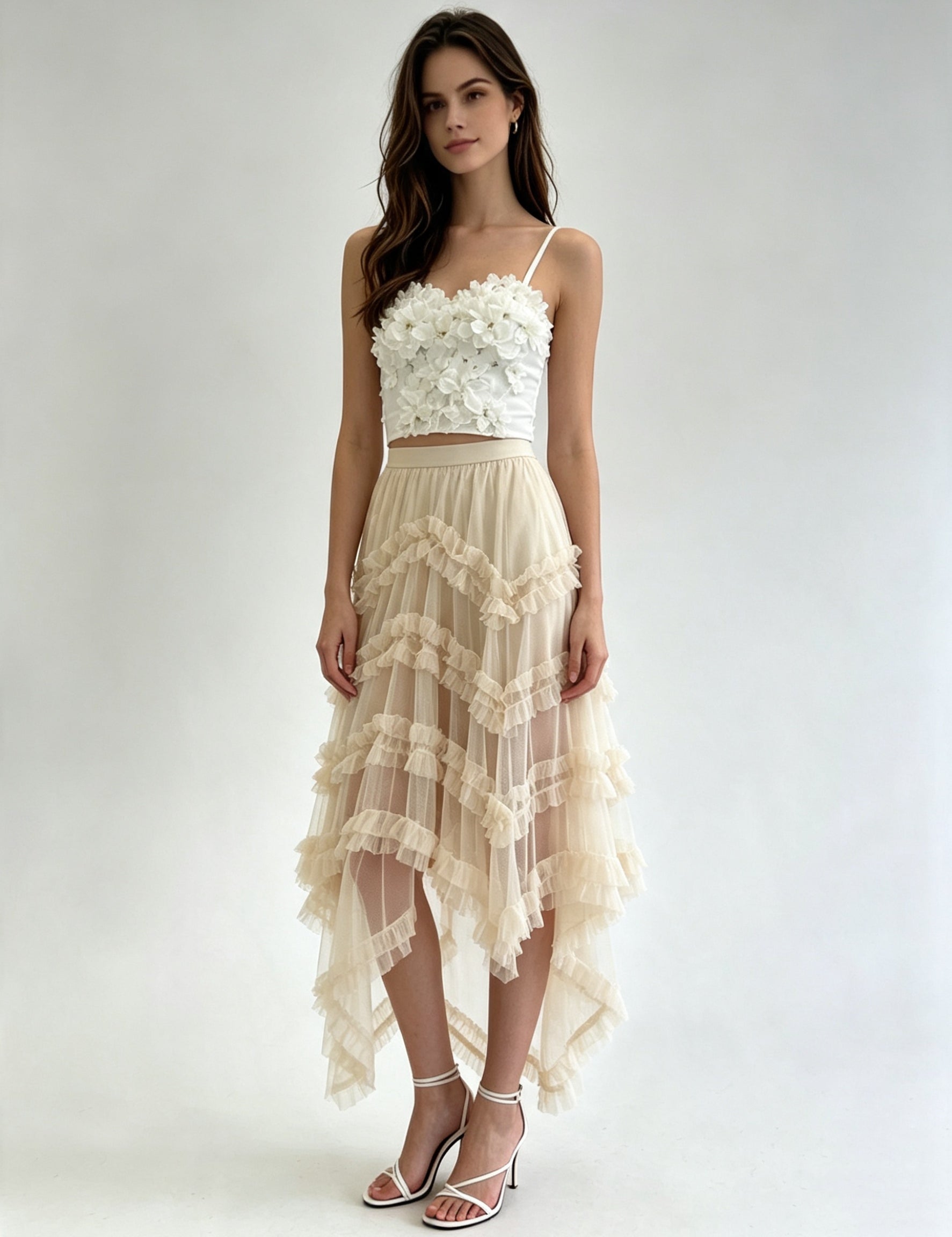 Cascading Ruffle Asymmetric Hem Tulle Midi Skirt with Elasticated Waistband