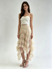 Cascading Ruffle Asymmetric Hem Tulle Midi Skirt with Elasticated Waistband