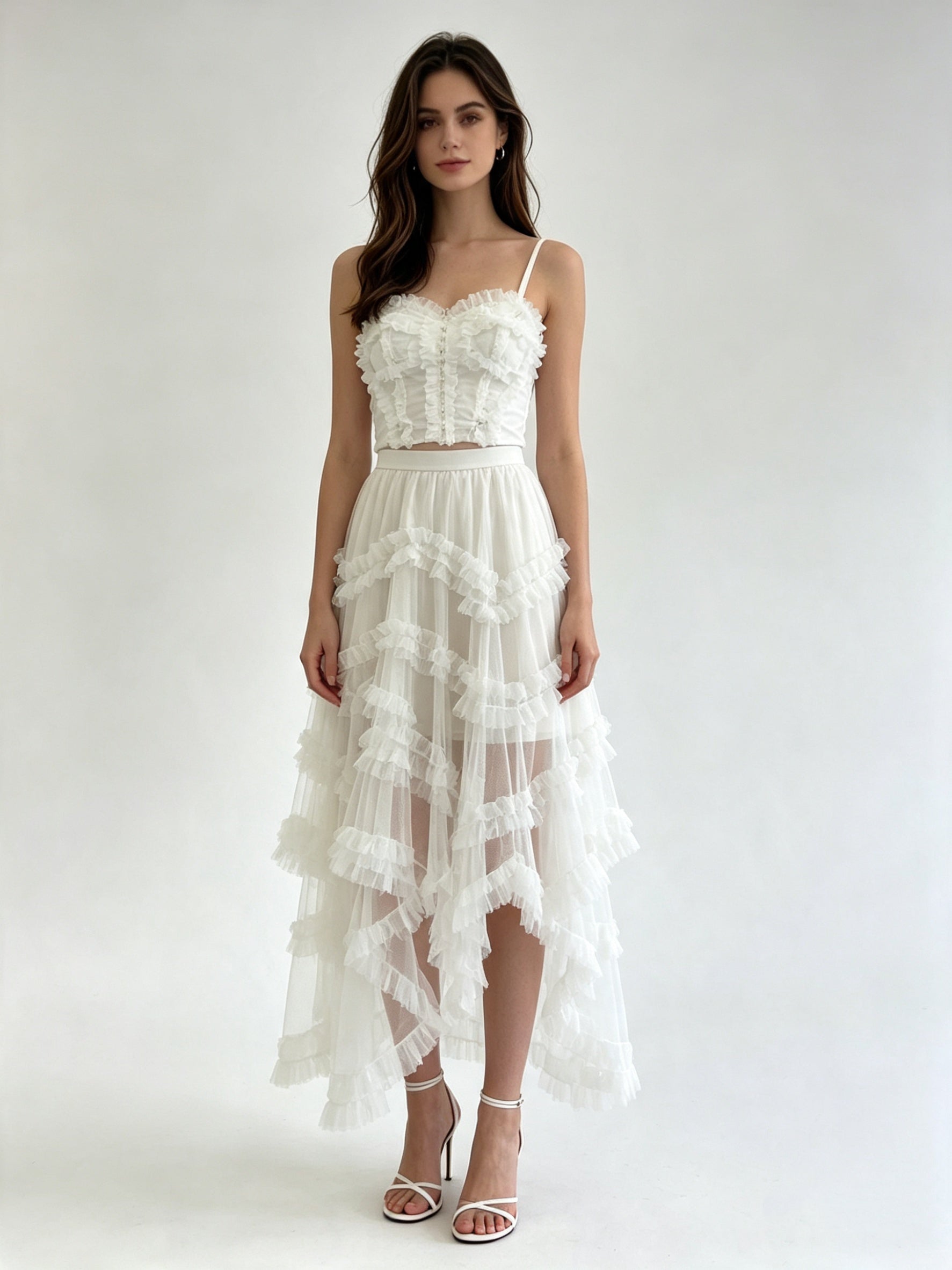 Cascading Ruffle Asymmetric Hem Tulle Midi Skirt with Elasticated Waistband