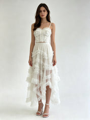Cascading Ruffle Asymmetric Hem Tulle Midi Skirt with Elasticated Waistband