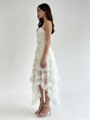 Cascading Ruffle Asymmetric Hem Tulle Midi Skirt with Elasticated Waistband