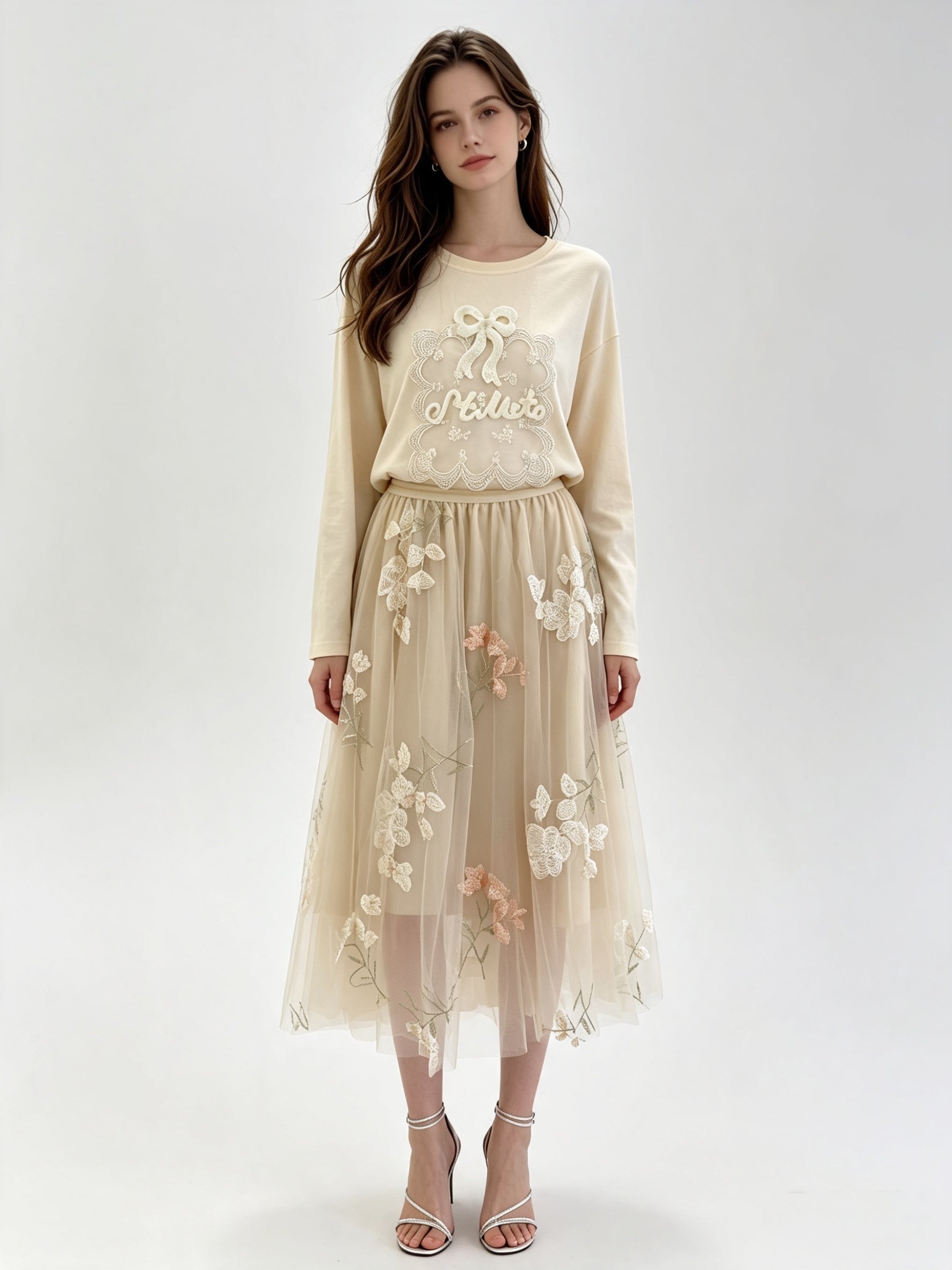 Floral Embroidered Tulle Midi Skirt with Elasticated Waistband