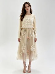 Floral Embroidered Tulle Midi Skirt with Elasticated Waistband