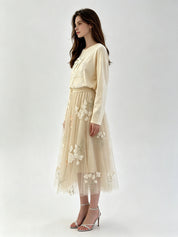 Floral Embroidered Tulle Midi Skirt with Elasticated Waistband