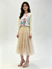 Tiered Mesh Tulle Midi Skirt with Elasticated Waistband