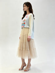 Tiered Mesh Tulle Midi Skirt with Elasticated Waistband