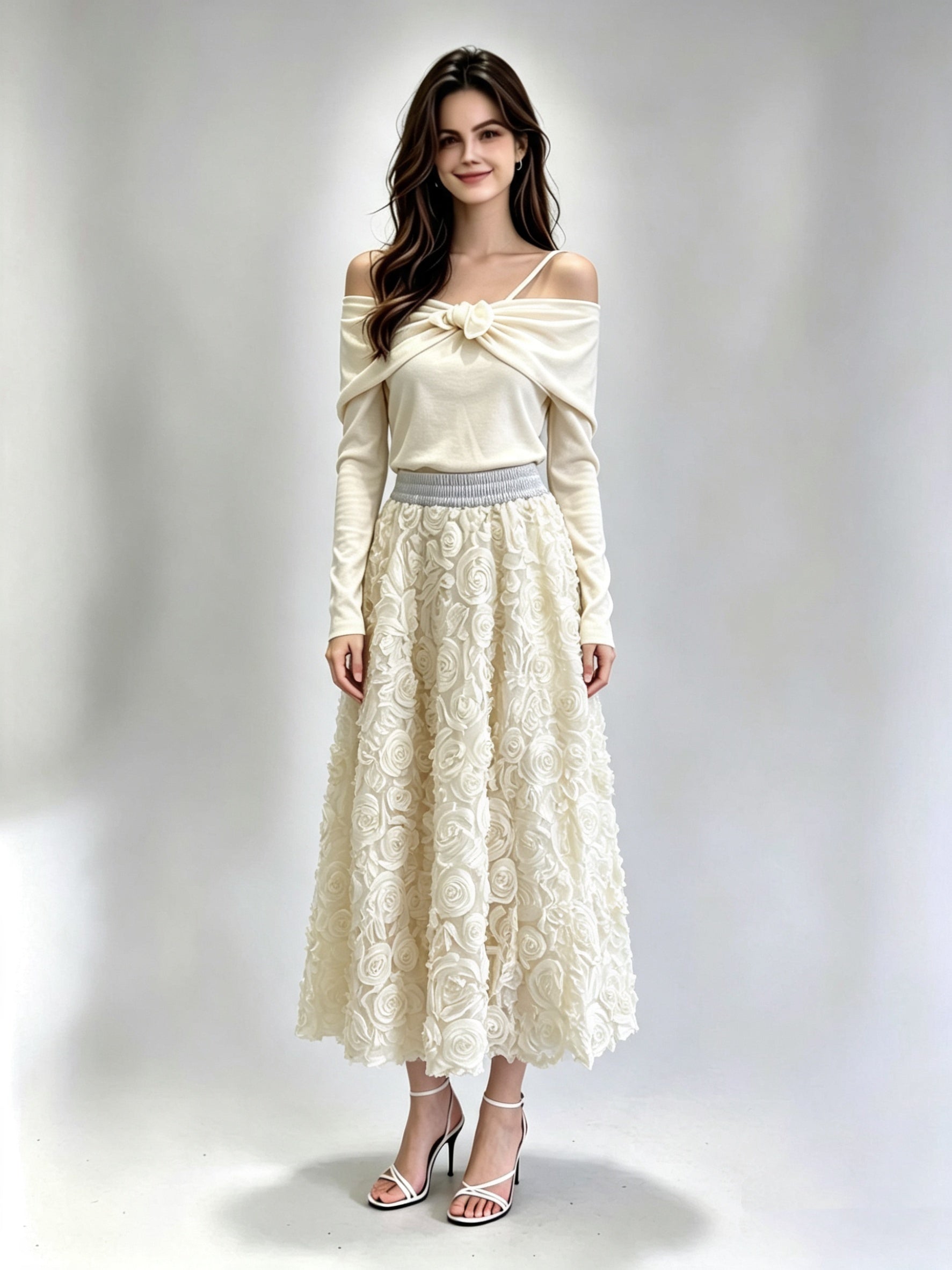 3D Rosette Appliqué Tulle Midi Skirt with Elasticated Waistband