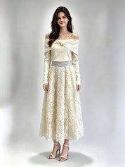 3D Rosette Appliqué Tulle Midi Skirt with Elasticated Waistband