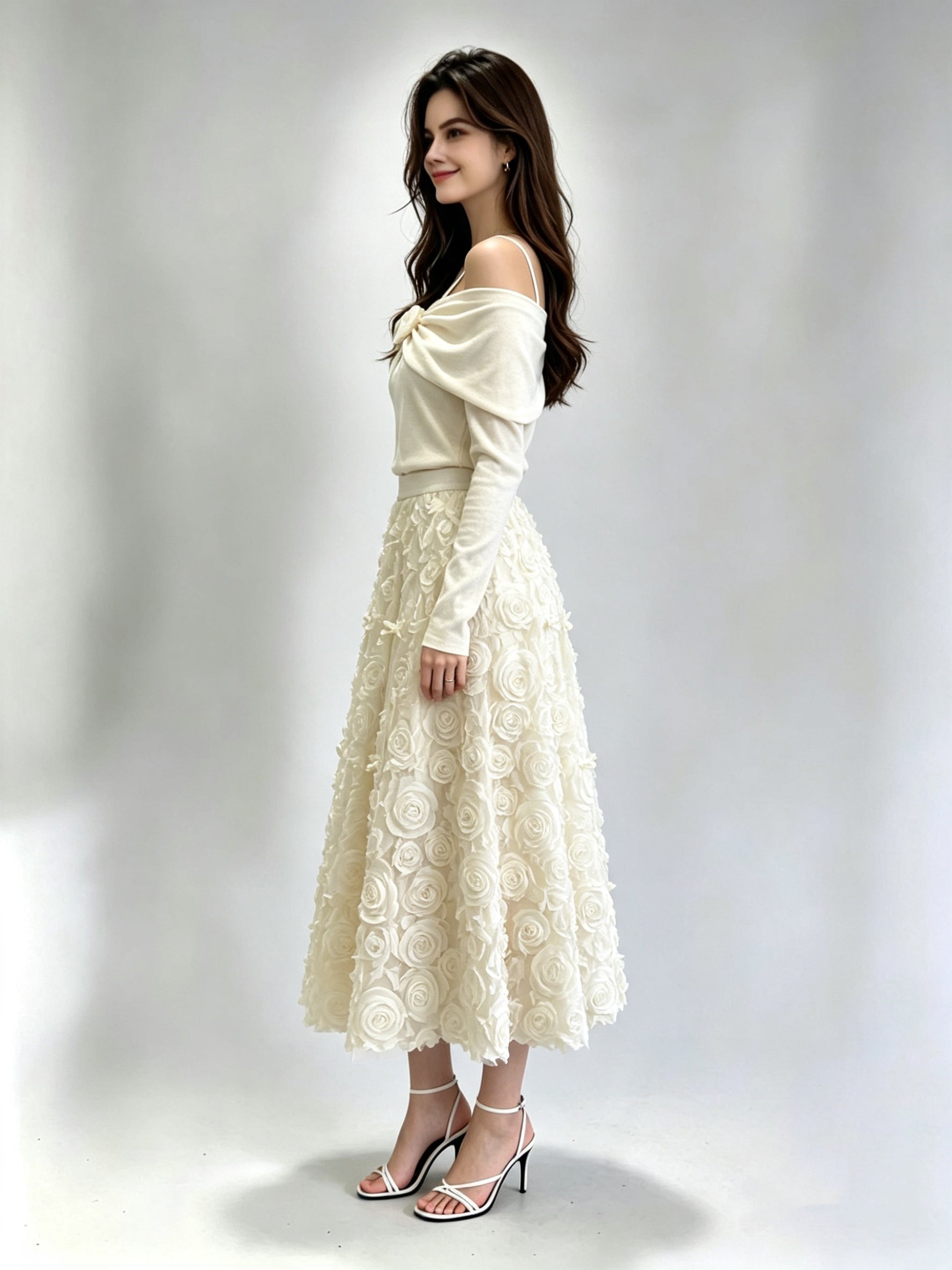 3D Rosette Appliqué Tulle Midi Skirt with Elasticated Waistband