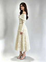3D Rosette Appliqué Tulle Midi Skirt with Elasticated Waistband