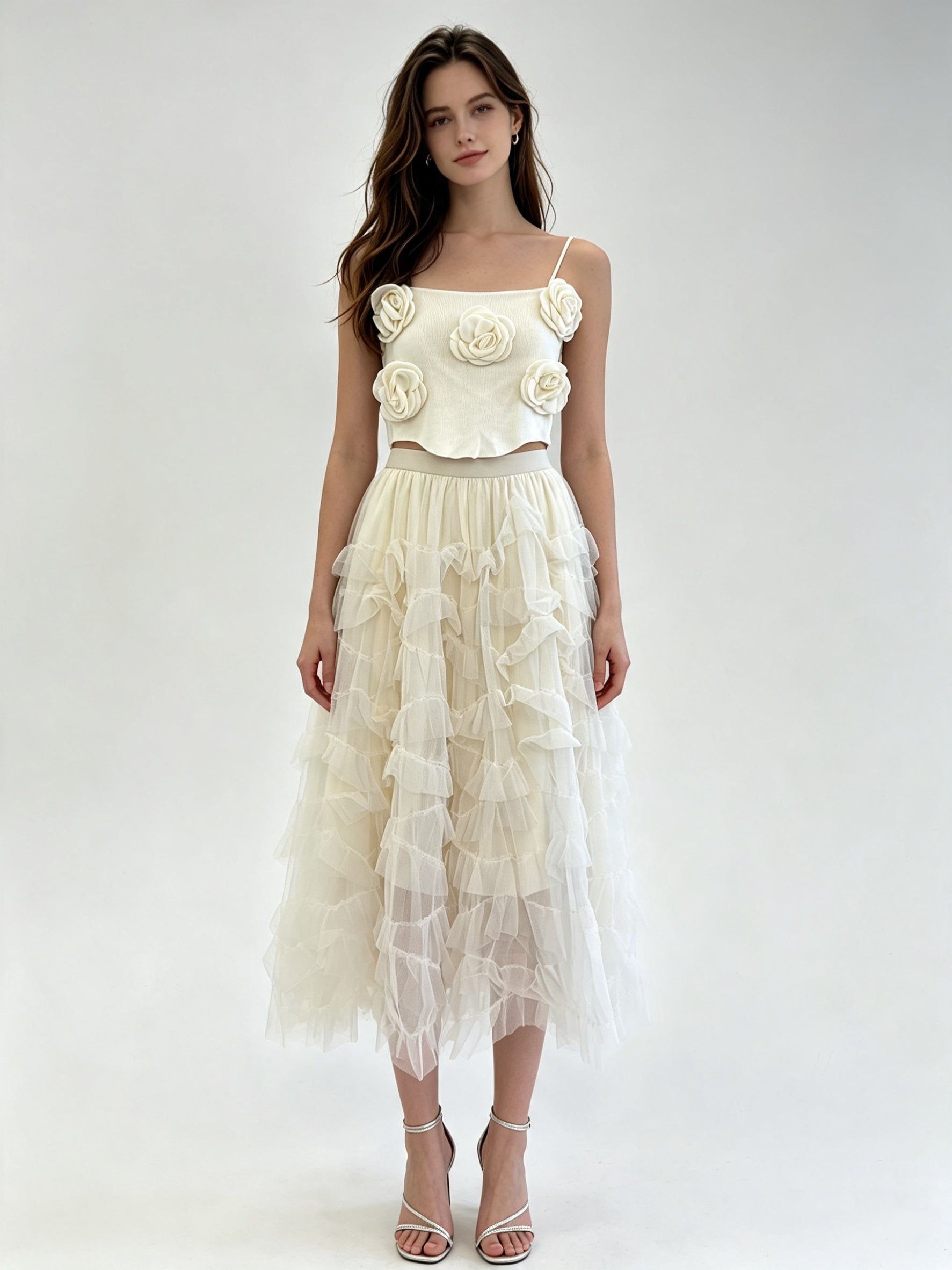 Ruffled Layered Tulle Midi Skirt with Elasticated Waistband