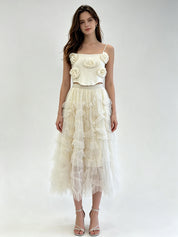 Ruffled Layered Tulle Midi Skirt with Elasticated Waistband