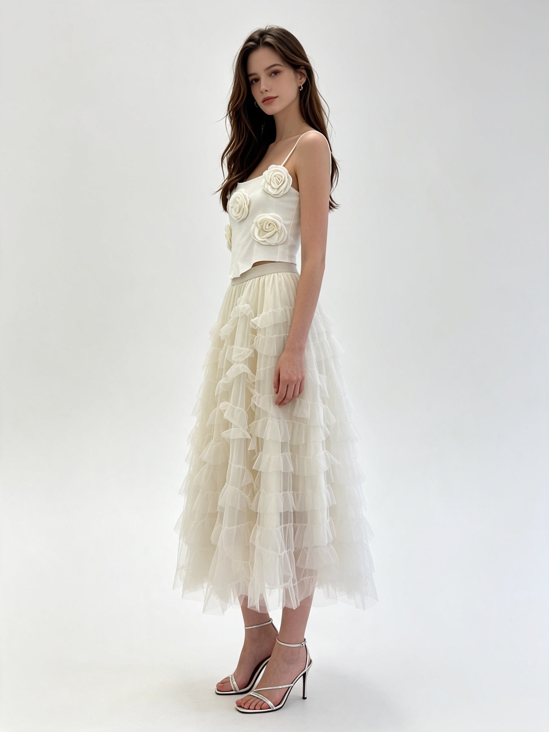 Ruffled Layered Tulle Midi Skirt with Elasticated Waistband