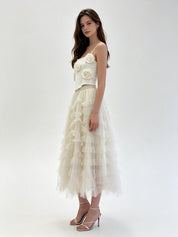Ruffled Layered Tulle Midi Skirt with Elasticated Waistband